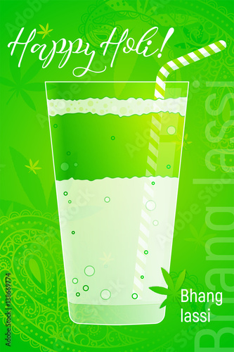 Glass of bhang lassi with cannabis leaf. Indian traditional drink to celebrate Holi