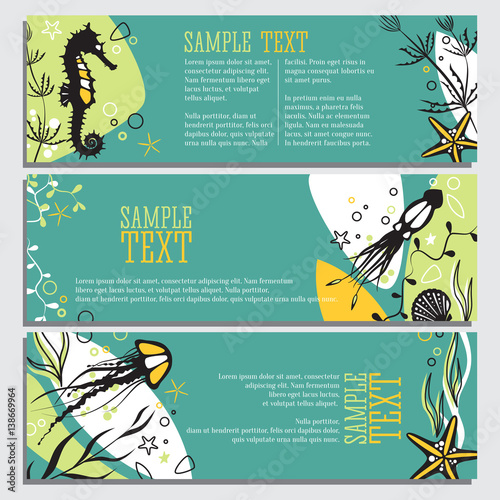 Set of 3 banners sea life and underwater theme, modern design layout, graphic elements sea animals jellyfish, starfish, seahorse and shells and plants isolated vector.