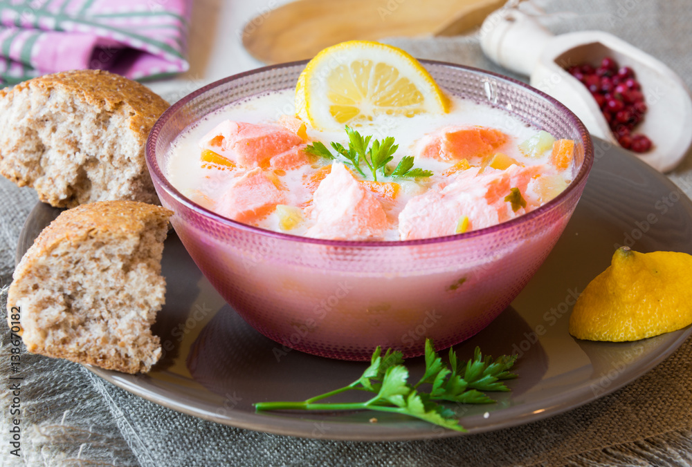 Salmon fish soup with cream and lemon Salmon fish soup with cream and lemon