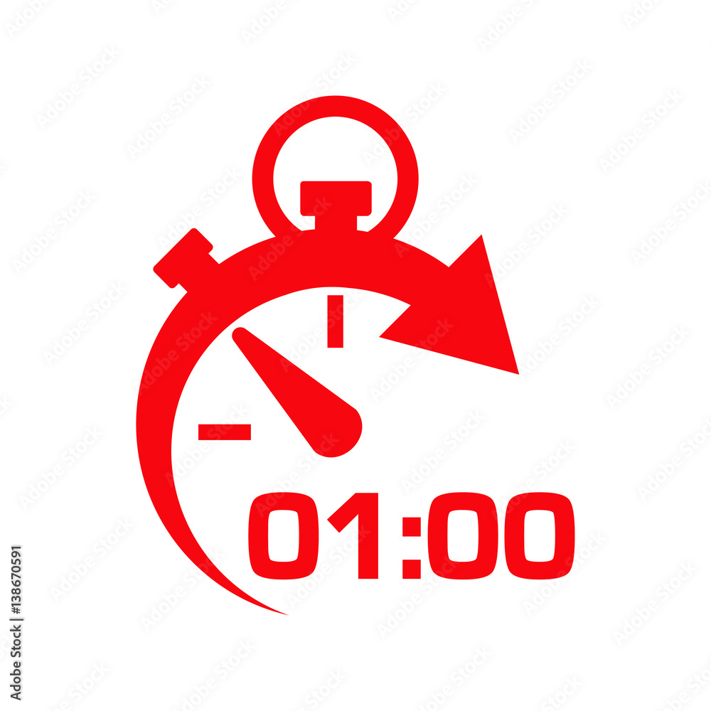 Icono plano cronometro con 01:00 rojo en fondo blanco Icono plano cronometro con 01:00 rojo en fondo blanco