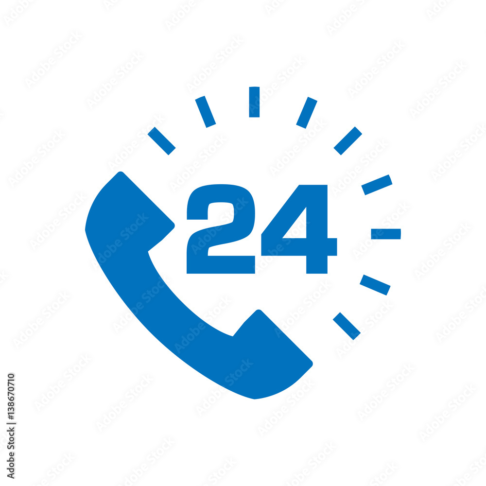 Icono plano telefono con esfera 24 azul en fondo blanco