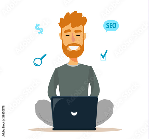 Man sitting on the floor and working with laptop. Creative young man uses his computed to earn money. Vector illustration
