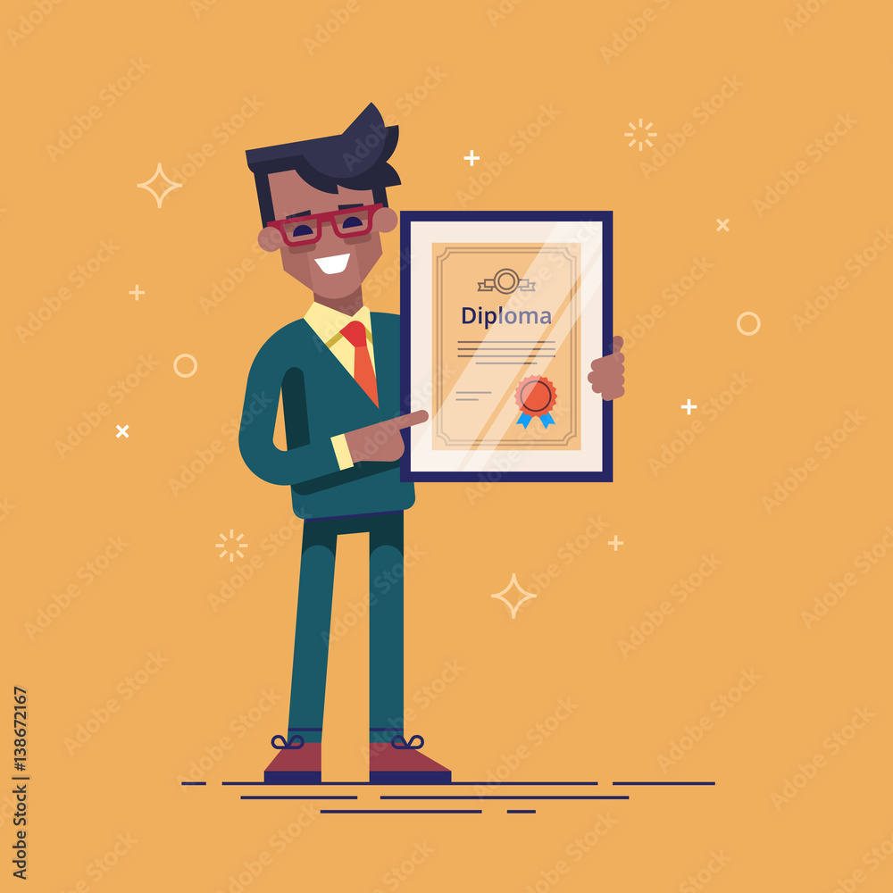 Successful african american businessman holding diploma in his hands. Graduate of MBA. Modern vector illustration. Successful african american businessman holding diploma in his hands. Graduate of MBA. Modern vector illustration.