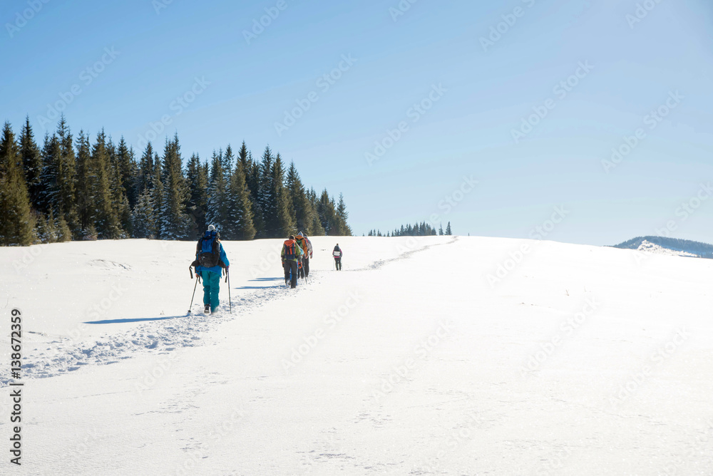 Team tourists hiking with backpacks rises snow-covered slopes on the mountain in winter