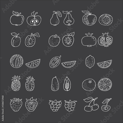 Fruit hand drawn icon set on black background