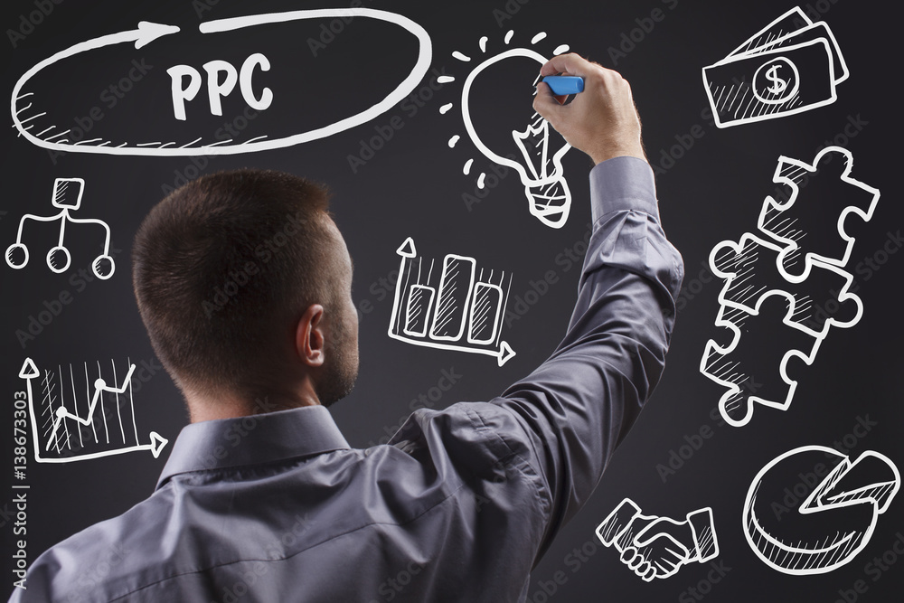 Technology, internet, business and marketing. Young business man writing word: PPC
