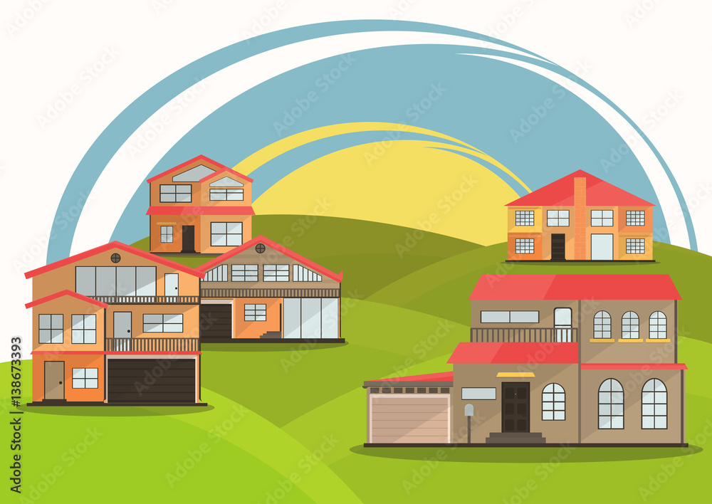vector illustration of cute cartoon colorful houses for sale or rent. vector flat buildings illustration