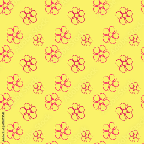 Seamless pattern with pink flowers on yellow background. Vector illustration, sketch. 