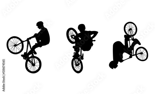 Set with three cyclists doing stunts on white background, vector illustration 