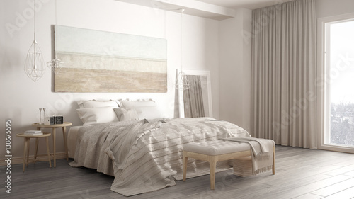 Classic bedroom, scandinavian modern style, minimalistic interior design