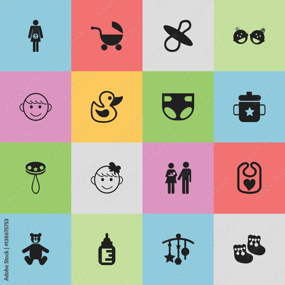 Set Of 16 Editable Baby Icons. Includes Symbols Such As Nursing Bottle ...