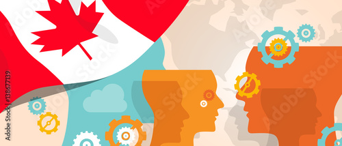 Canada concept of thinking growing innovation discuss country future brain storming under different view represented with heads gears and flag