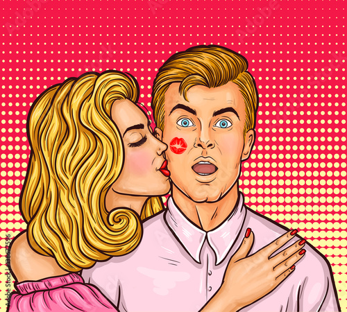 Pop art sexy woman with red lipstick kissed a man