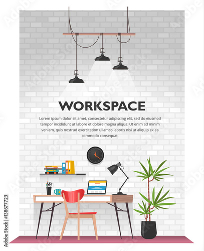 Creative office interior in loft space with white vintage brick wall. Modern cozy workspace with wooden table, laptop, desk lamp, book shelf, folders, plants, clock etc. Vector illustration.