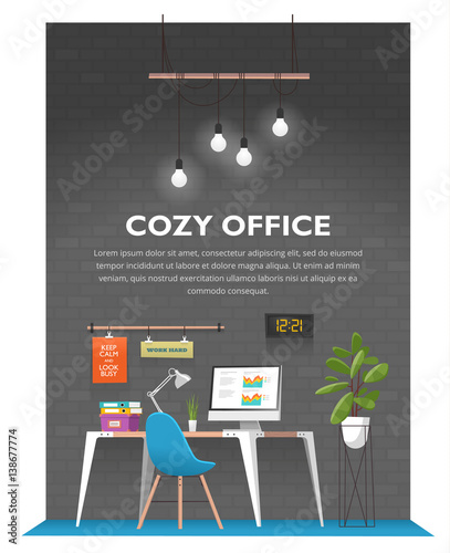 Creative office interior in loft space with old vintage brick wall. Modern cozy workspace with wooden table, computer, desk lamp, folders, plants, posters, clock and other items. Vector illustration.