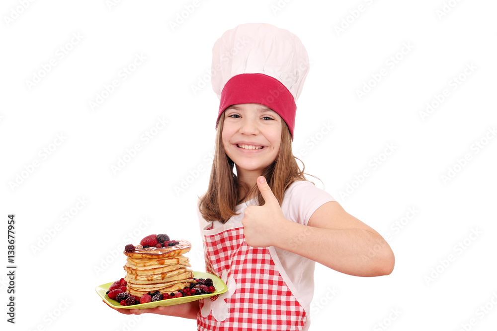 happy little girl cook with pancakes and thumb up happy little girl cook with pancakes and thumb up