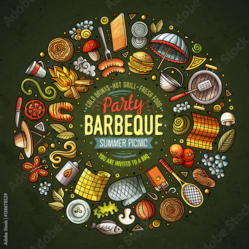 Set of Picnic cartoon doodle objects, symbols and items
