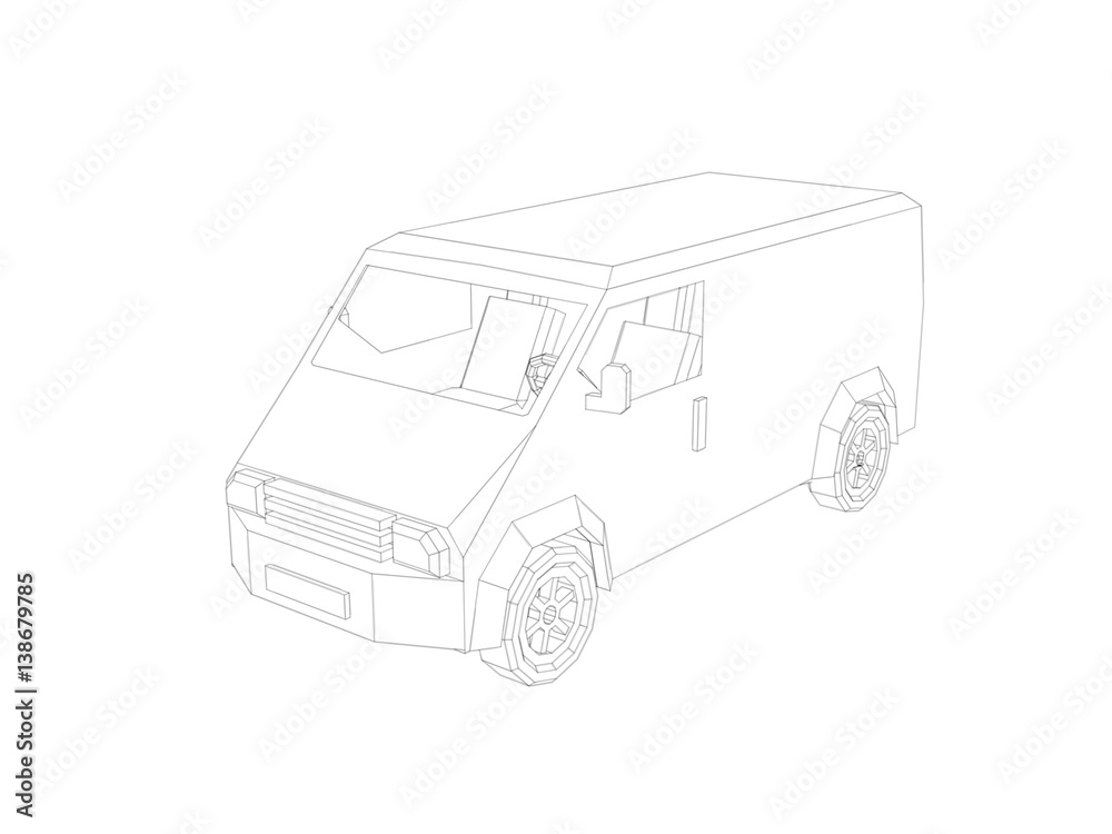 Polygonal minibus. Isolated on white background. Sketch illustration.