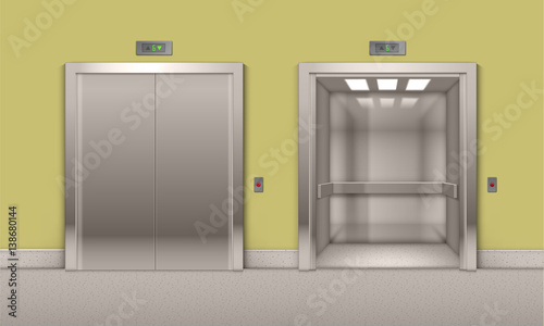 Vector Realistic Open and Closed Chrome Metal Office Building Elevator Doors Isolated on Background
