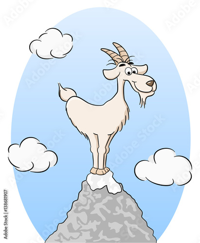 Cartoon Ziege steht auf einer Bergspitze