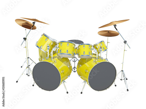 Yellow drum kit on a white background. Isolated on white. 3D Render