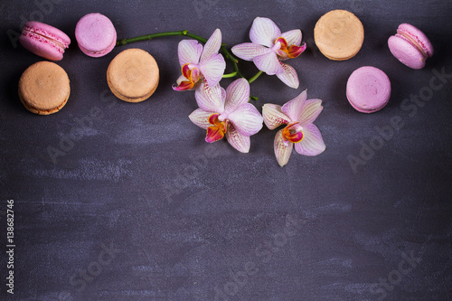 Orchids and cake macaron or macaroon on gray background from above. Flat lay, top view. Flower and cookie still life. Pastel colors, vintage card with copy space