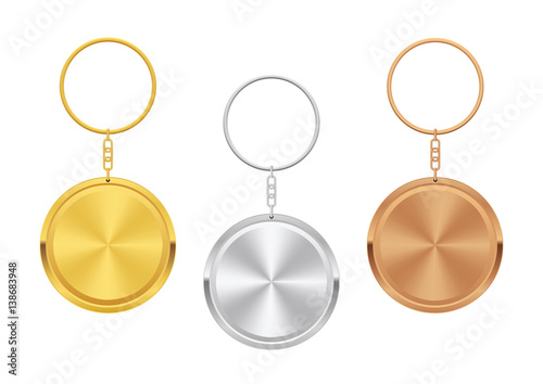 Metal Trinket. Realistic Keychain Template. Set of Golden, Silver and Bronze Circle Shape. Vector stock illustration.