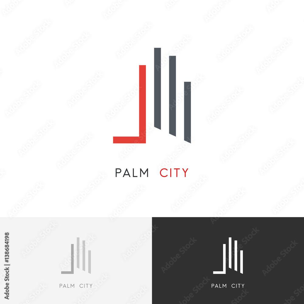 Palm city logo - skyscrapers and hand symbol. Real estate and building vector icon. Palm city logo - skyscrapers and hand symbol. Real estate and building vector icon.