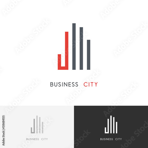 Business city logo - skyscrapers and hand symbol. Real estate and building vector icon.