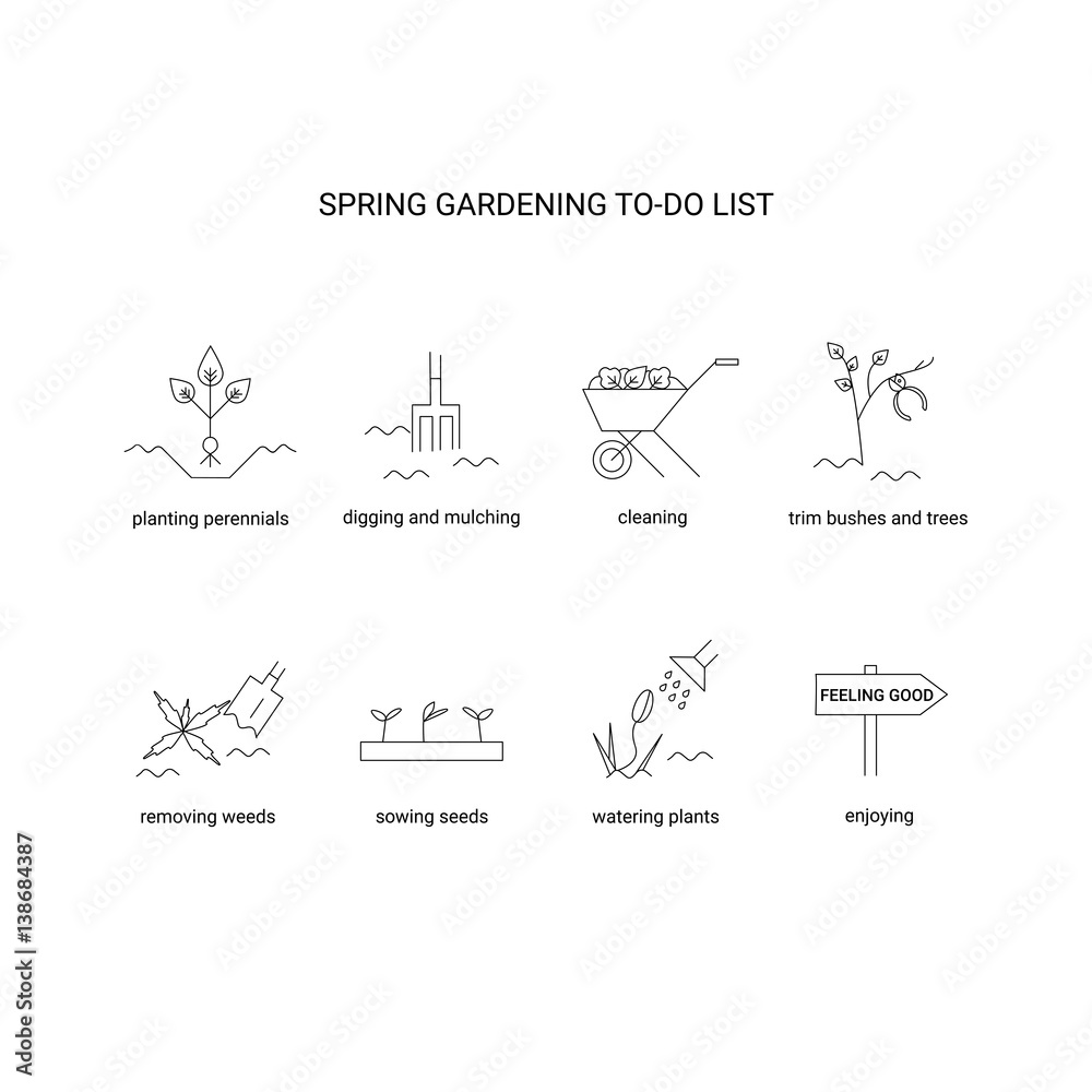 Spring gardening to do list. Garden clean up checklist with planting perennials, digging and mulching, cleaning, trim bushes and trees, sowing seeds, removing weeds, watering plants . Vector line icon