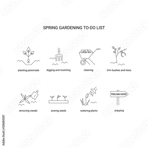 Spring gardening to do list. Garden clean up checklist with planting perennials, digging and mulching, cleaning, trim bushes and trees, sowing seeds, removing weeds, watering plants . Vector line icon