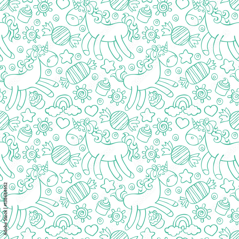 Unicorn. Candy and cupcakes. Seamless vector pattern (background).