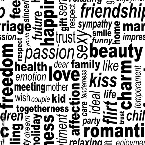 Words collage seamless background. Woman s important feelings  wishes and thoughts theme. Black and white colors. Vector illustration.