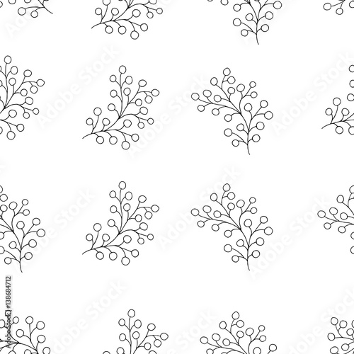 Floral seamless pattern with branches and berries. Simple and clean design. Great for textile, wrapping paper. White and black texture.