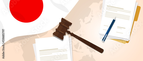 Japan law constitution legal judgment justice legislation trial concept using flag gavel paper and pen