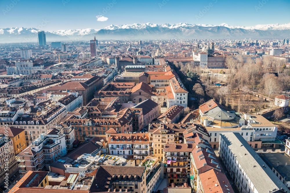 Turin (Torino), Italy - February 20, 2017: A panoramic view of Turin from Mole Antonelliana in a sunny day
