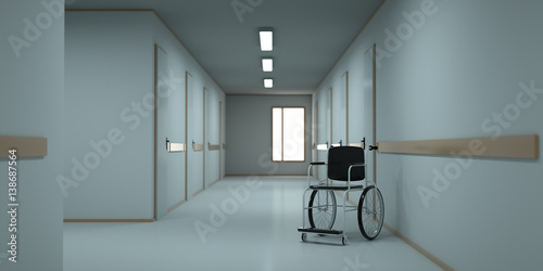 Wheelchair standing in an empty hospital corridor. 3d render