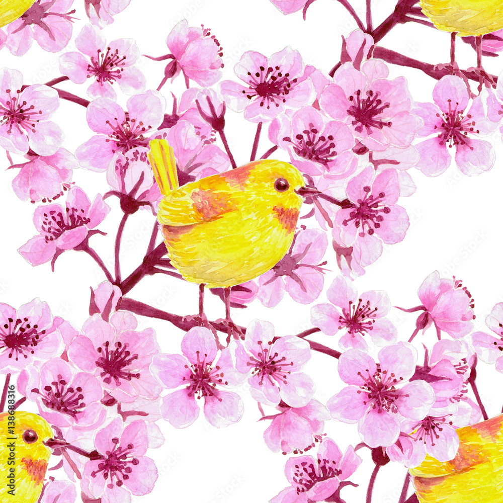 Watercolor seamless pattern with cherry blossom branches and yellow birds. Element for design. Watercolor seamless pattern with cherry blossom branches and yellow birds. Element for design.