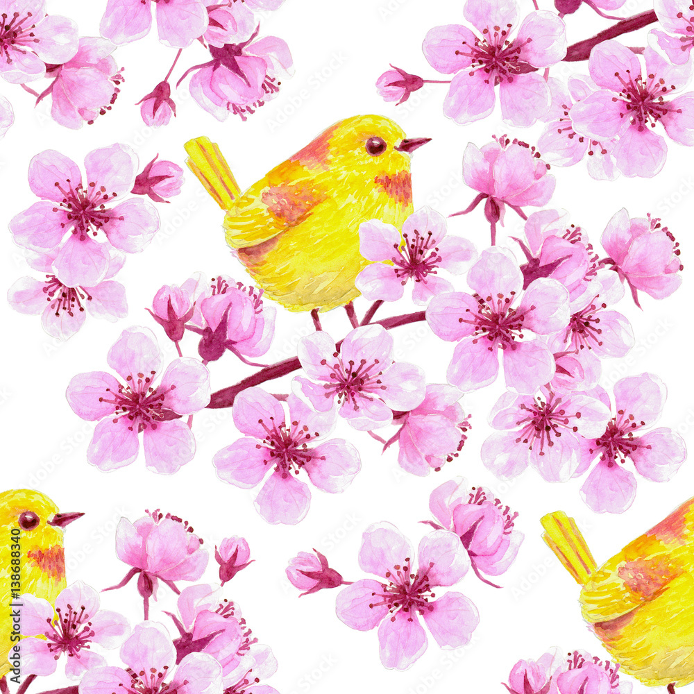 Watercolor seamless pattern with  cherry blossom branches and yellow birds. Element for design.
