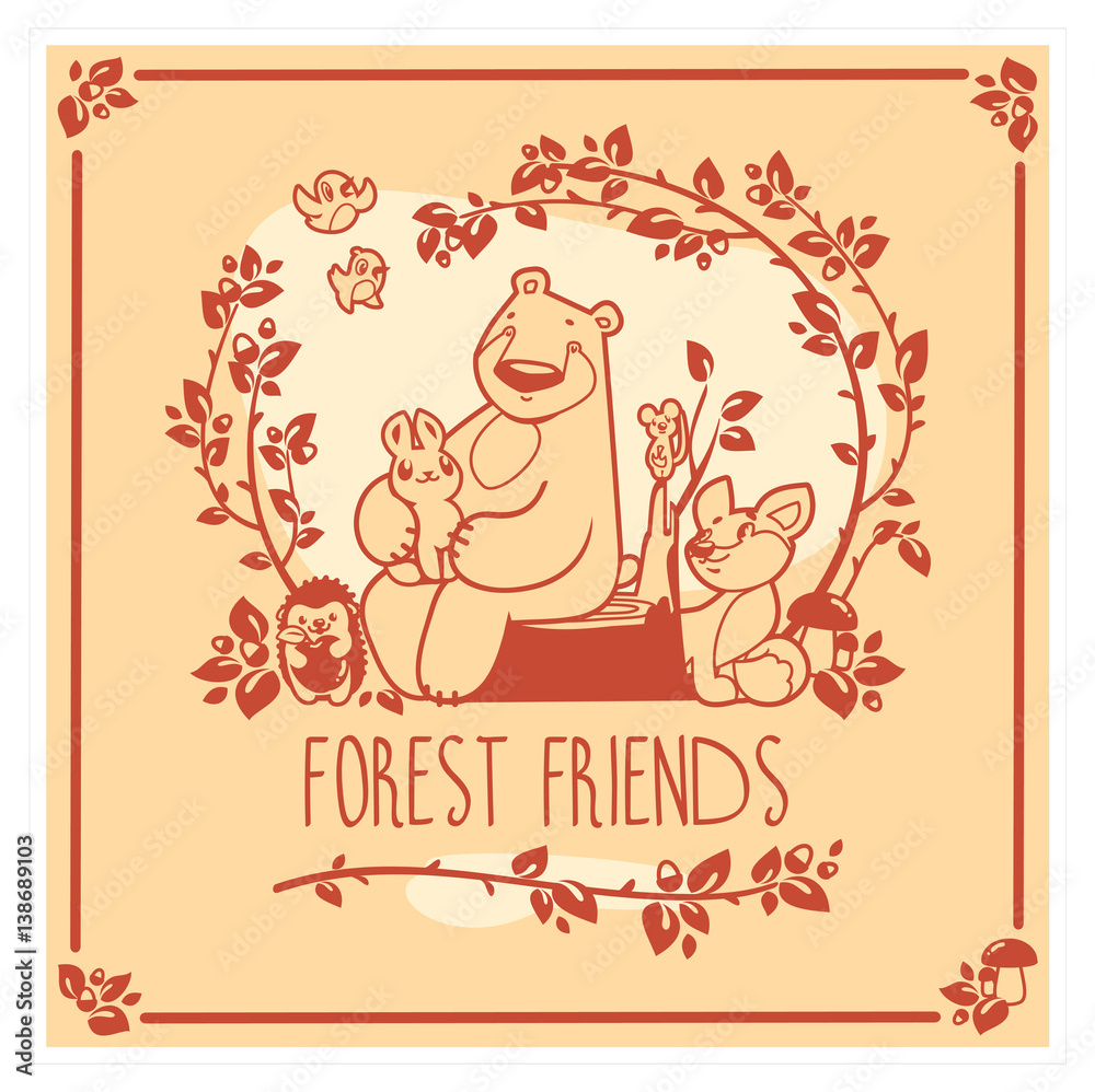 Obraz premium Vector greeting card with cute rabbit, bird, hedgehog, mouse, fox and bear. Invitation design.