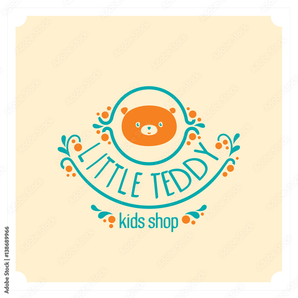 Kids shop logo with teddy bear. Cute kindergarten sign.