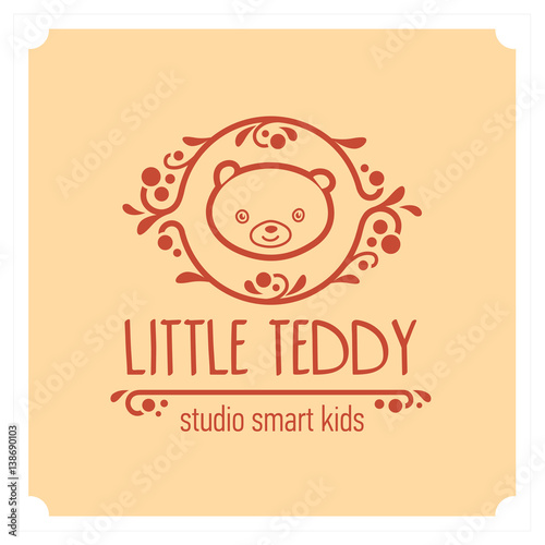 Kids club logo with teddy bear. Cute kindergarten sign.