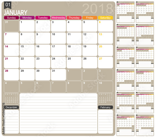 Calendar 2018 / English calendar template for year 2018, set of 12 months, week starts on Sunday, printable calendar templates