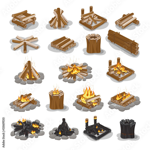 Campfire and Firewood Stages Set Isolated on White