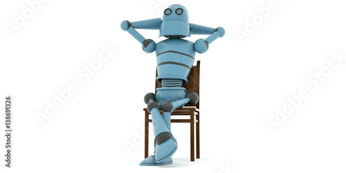 Tired robot has a rest sitting in the chair and crossed his legs, 3d render