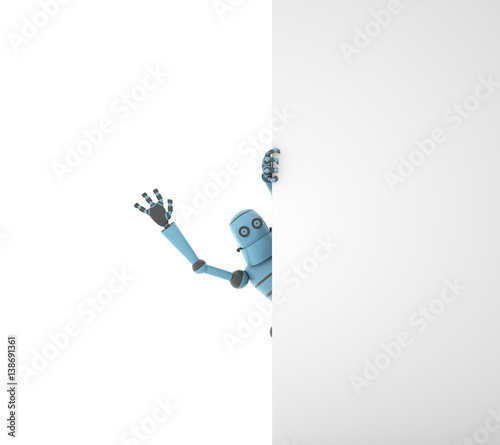 Happy robot waving his hand from the corner of the wall, 3d render