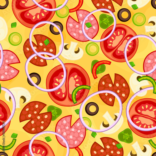 Seamless pizza pattern with different ingredients. Vector illustration