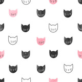 Seamless cute cats pattern. Vector background with watercolor cat heads