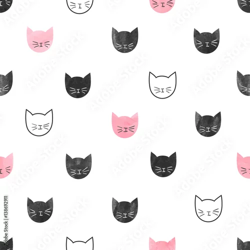 Tapety Jednolity wzór ładny kotów. Tło z głowy kota akwarela