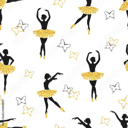 Seamless pattern with dancing ballerinas and butterflies. Vector illustration.